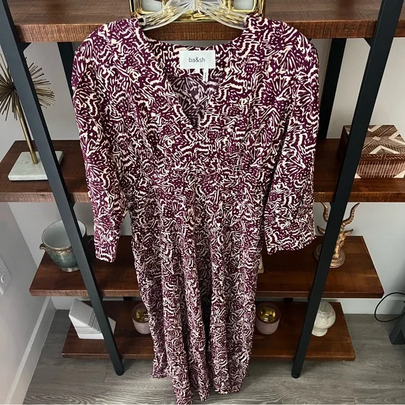 BA&SH Loa Midi dress in purple ivory print women’s size US 8 INT L - Picture 6 of 11